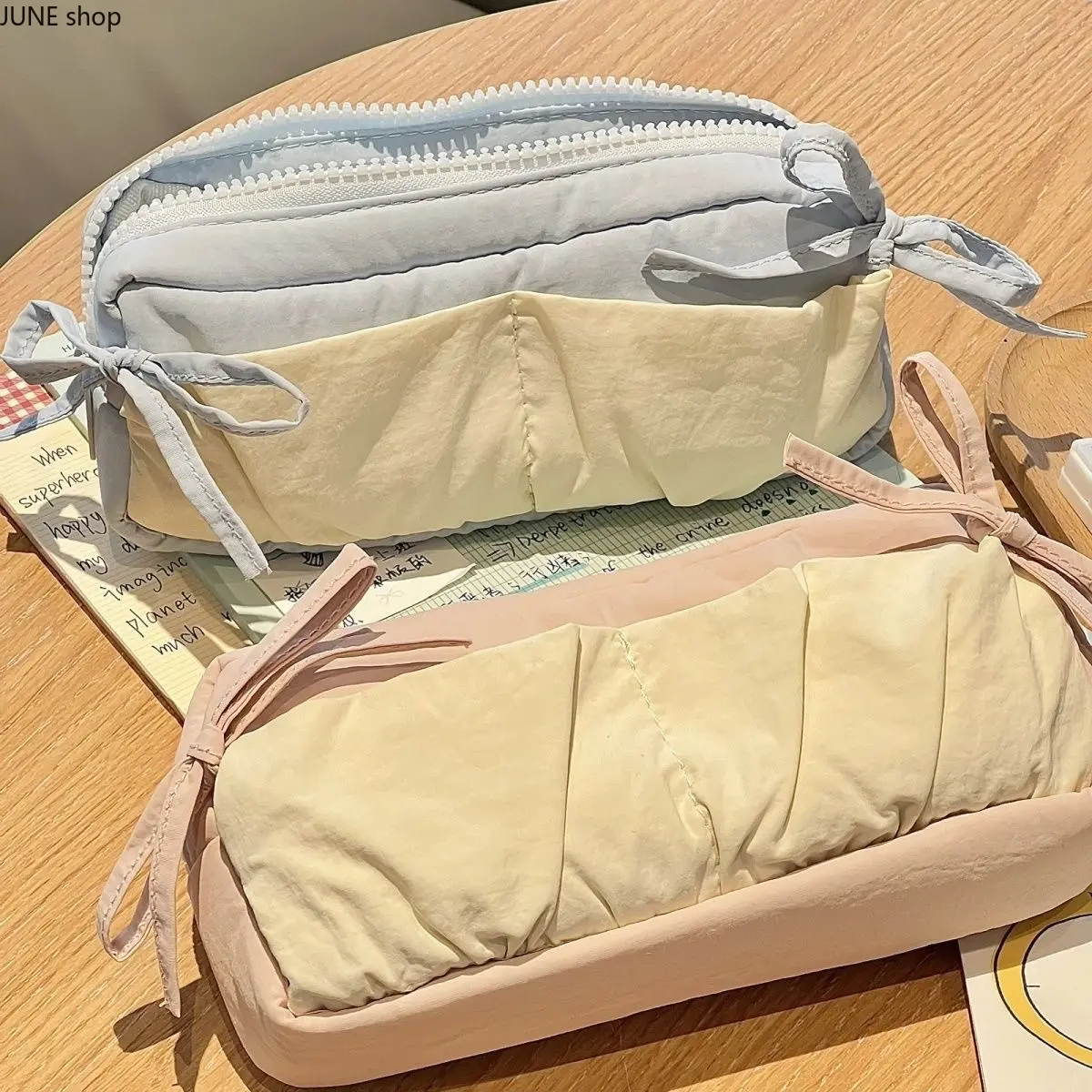 Sakura Pink Cloud Cute Bow Decor Pencil Pouch for Girls - Aesthetic Look Zippered Bag, Large Capacity Pen Organizer for School Daily Learning Supplies