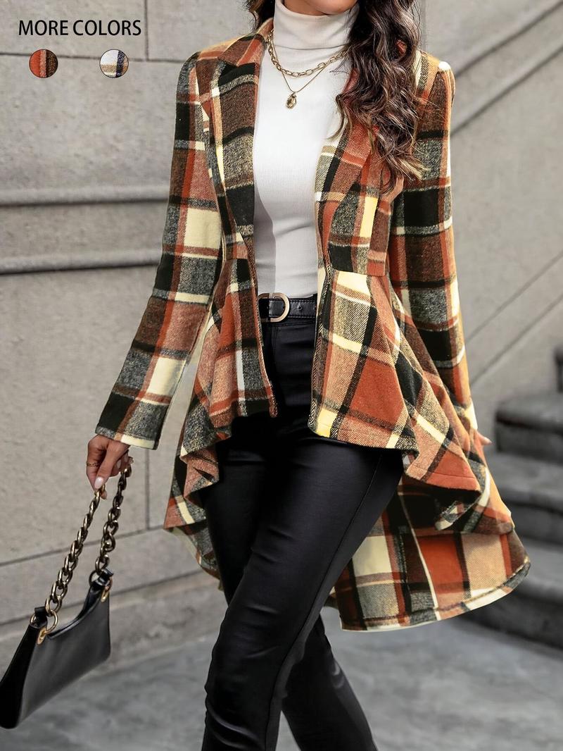 Women's Plaid Print Button High Low Hem Jacket, Casual Long Sleeve Lapel Neck Open Front Outerwear for Fall & Winter, Ladies Clothes for Daily Wear