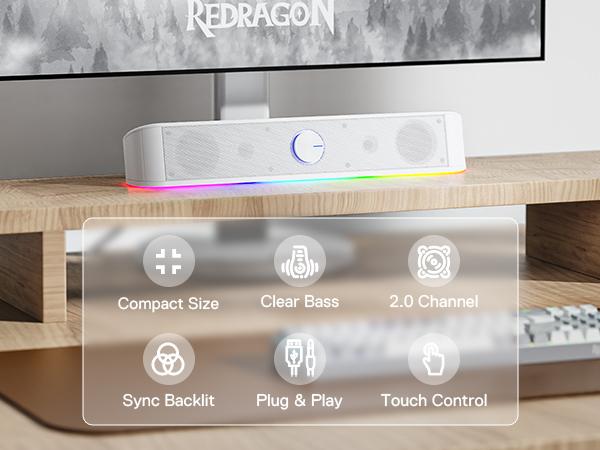 Redragon GS560 RGB Desktop Soundbar, 2.0 Channel Computer Speaker with Dynamic Lighting Bar Audio-Light Sync/Display, Touch-Control Backlit with Volume Knob, USB Powered w/ 3.5mm Cable, Black