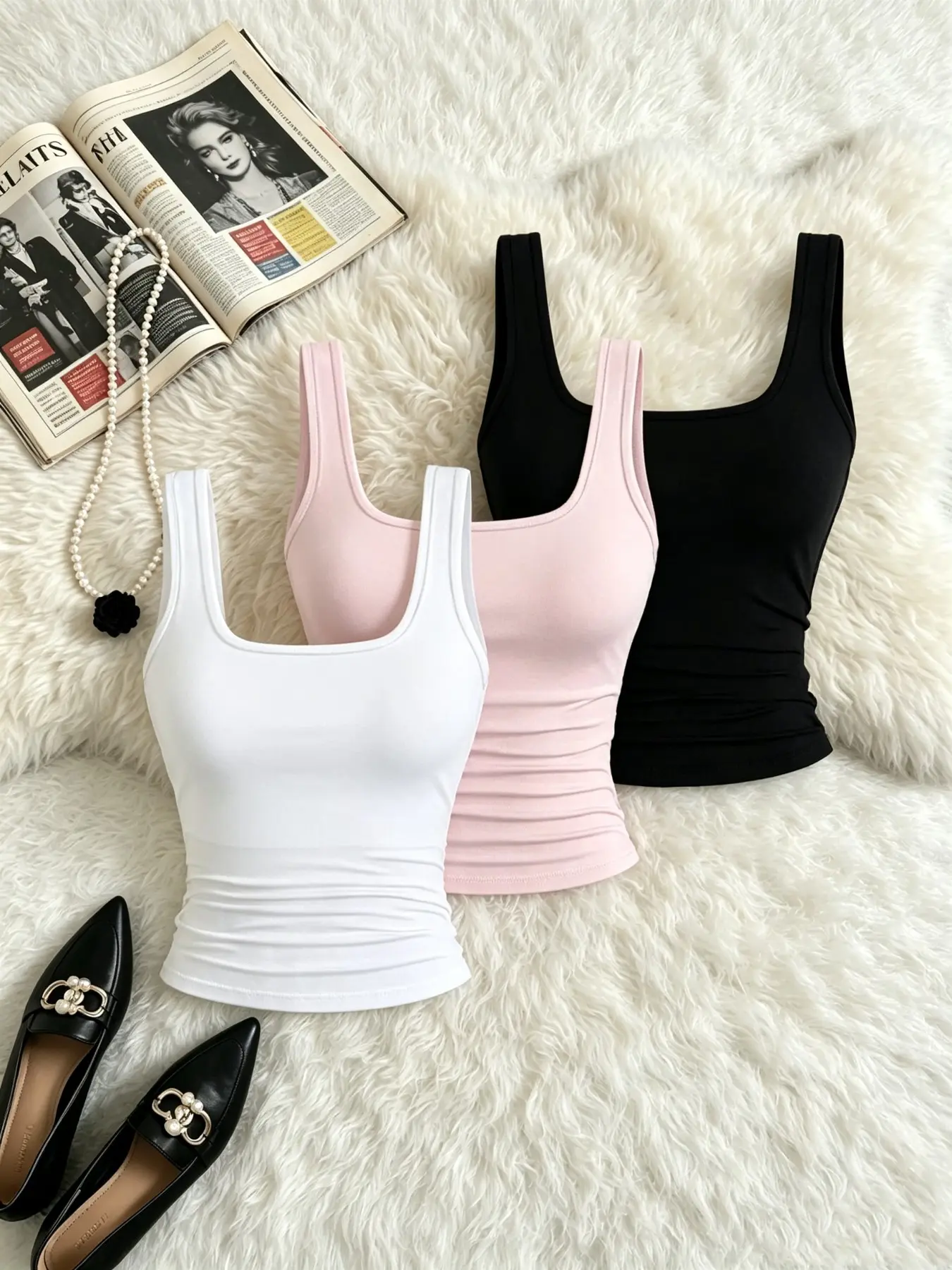 Women's Square Neck Pleated Short Tank Top, Slim Fit Sleeveless Strapless Vest, Basic Daily Wear, Three-Piece Set