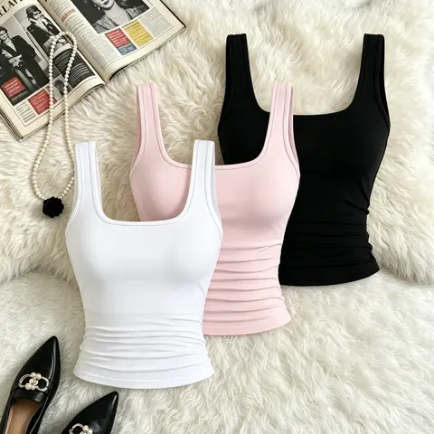 Women's Square Neck Ruched Short Tank Tops, Casual Sleeveless Cropped, Slim-Fit Sleeveless Vest, Basic Casual Daily Wear, Three-Piece Set