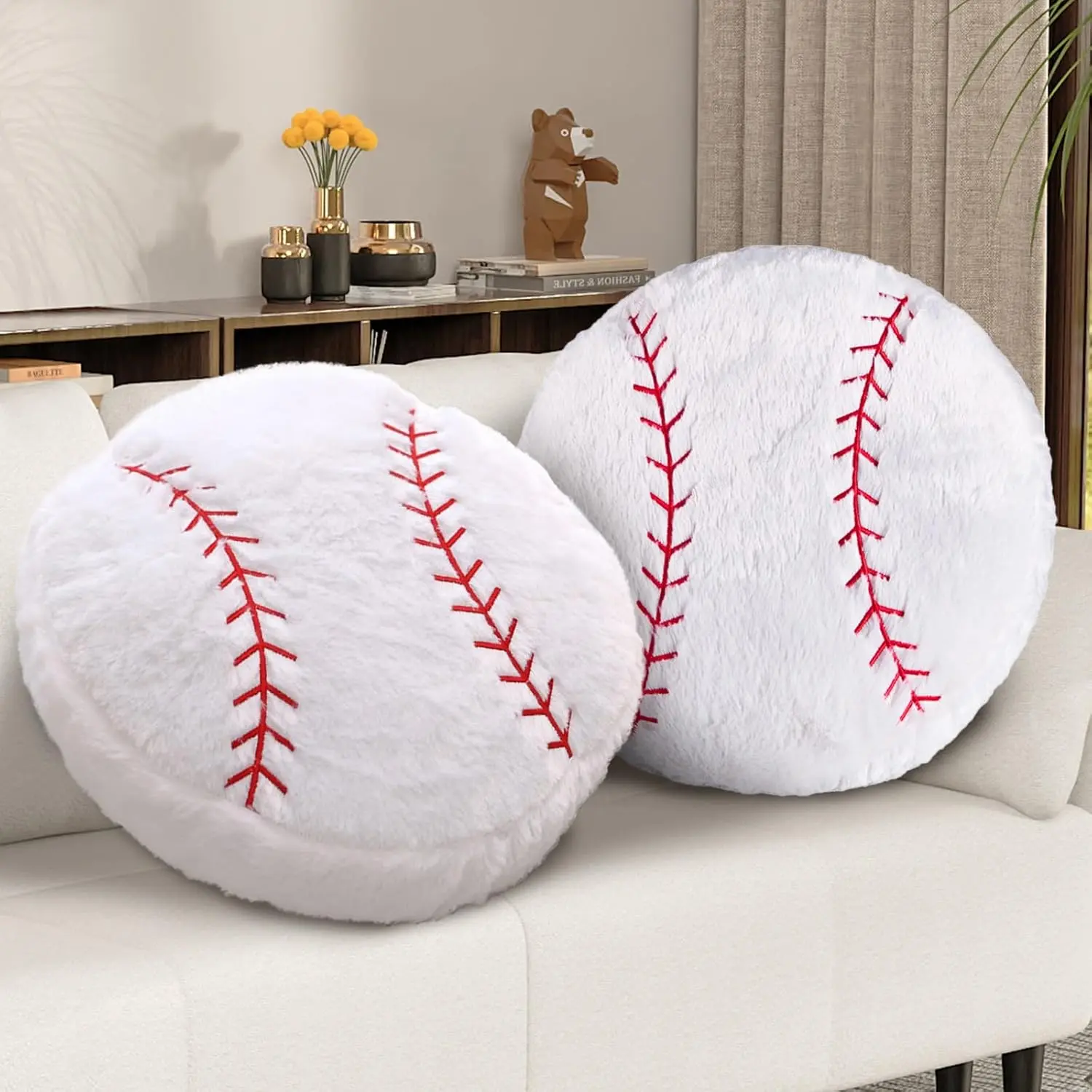 Baseball Pillow, 2 Pcs Baseball Plush Pillow, Soft Fluffy Stuffed Sports Throw Pillows, Home Decor Cushion, Round Baseball Pillows, Sports Gifts for Room Decoration 15.8"