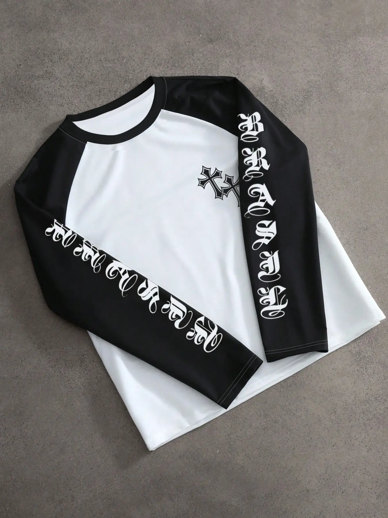 men's raglan long sleeve t-shirt gothic cross script print vintage street crew neck top