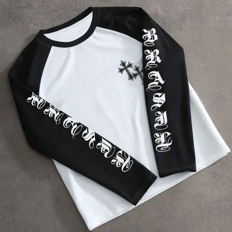 men's raglan long sleeve t-shirt gothic cross script print vintage street crew neck top Letters Print Tee