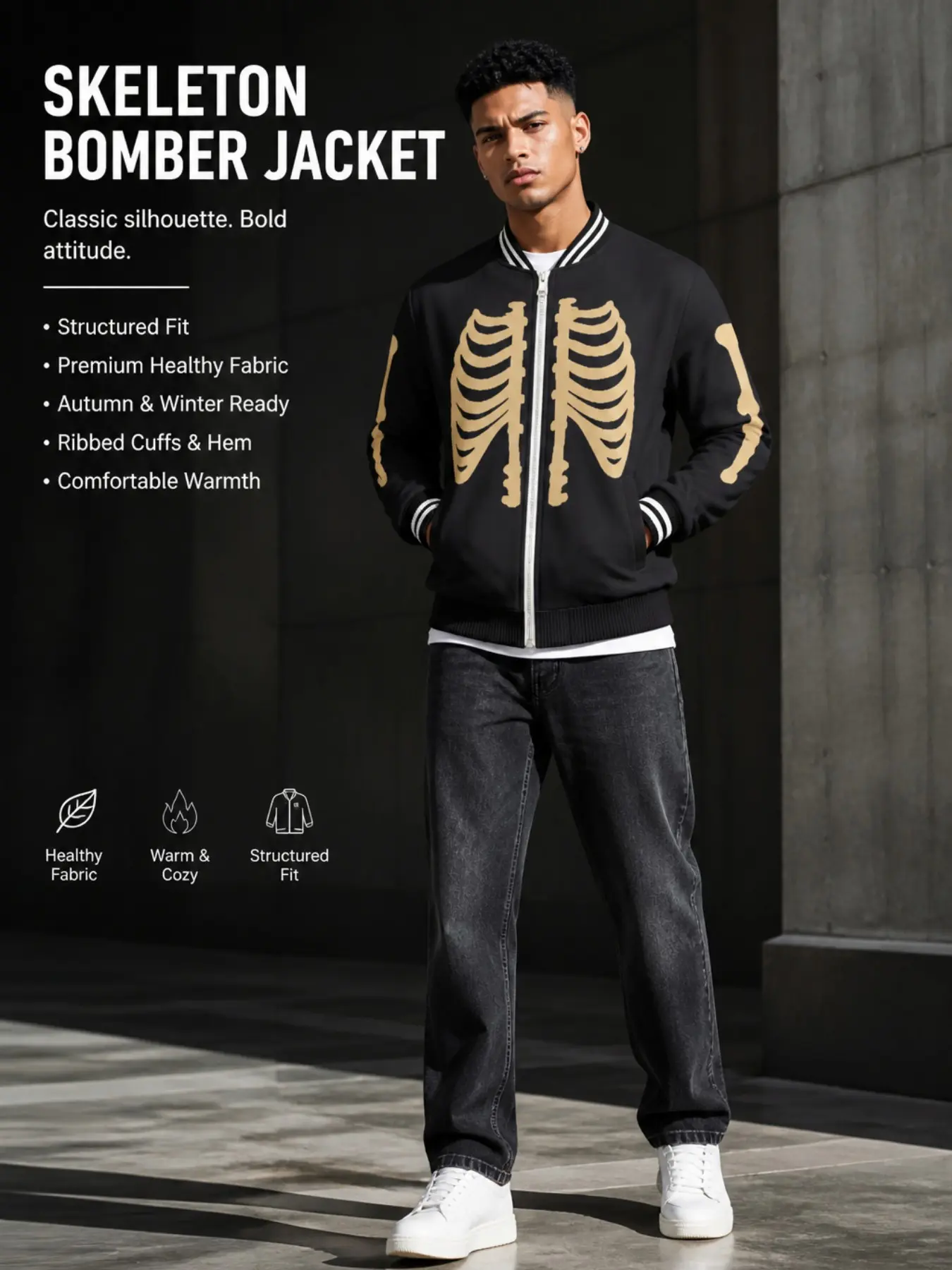 Men's Skull Rib Pattern Full Zip Baseball Jacket, Retro Bone Print Striped Collar Windproof Jacket, Fall & Winter Fashion