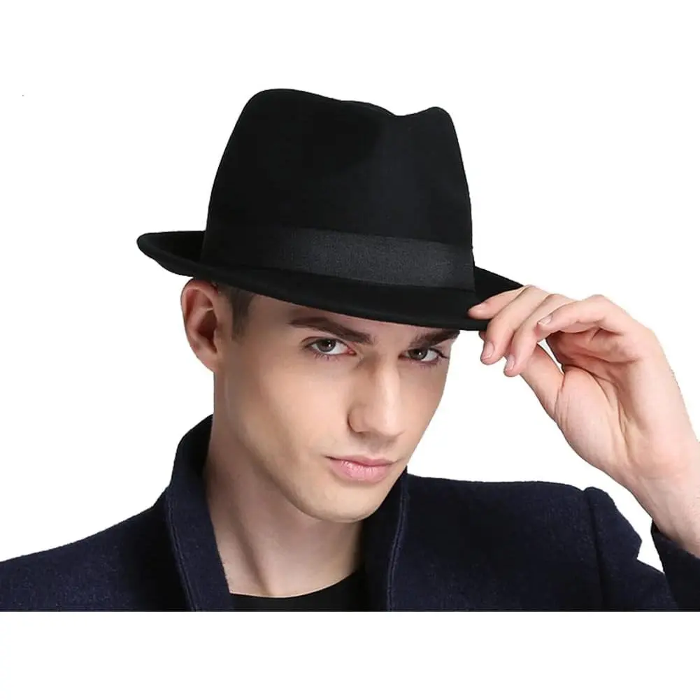 Men's Warm Felt Fedora Hat - Short Brim Vintage Trilby with Bowler-Inspired Design, Winter British Jazz Costume Headwear for Warmth, Black