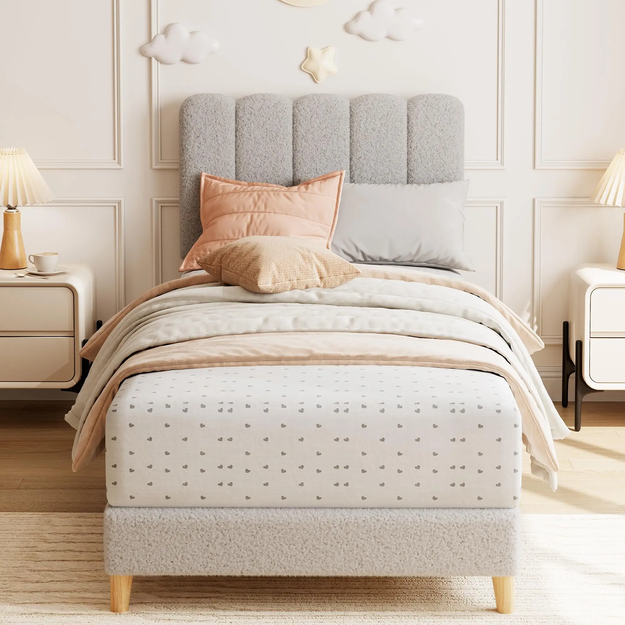 Garvee - XL Double Bed Frame, Upholstered Bed with Wavy Headboard for Girls/Boys/Children, Easy Assembly, Wooden Slat Support, No Box Spring Needed, Gray