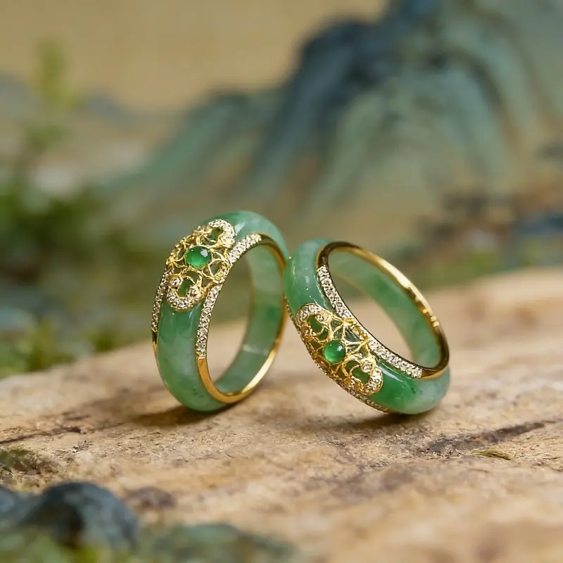 A Lady'S Elegant Green Jade Ring, Luxurious Jewelry, with Adjustable Opening, Imitation Core And Golden Tone Band, Cut Center Gemstone, Perfect for Daily Or Formal Occasions, Wedding/Anniversary Gifts