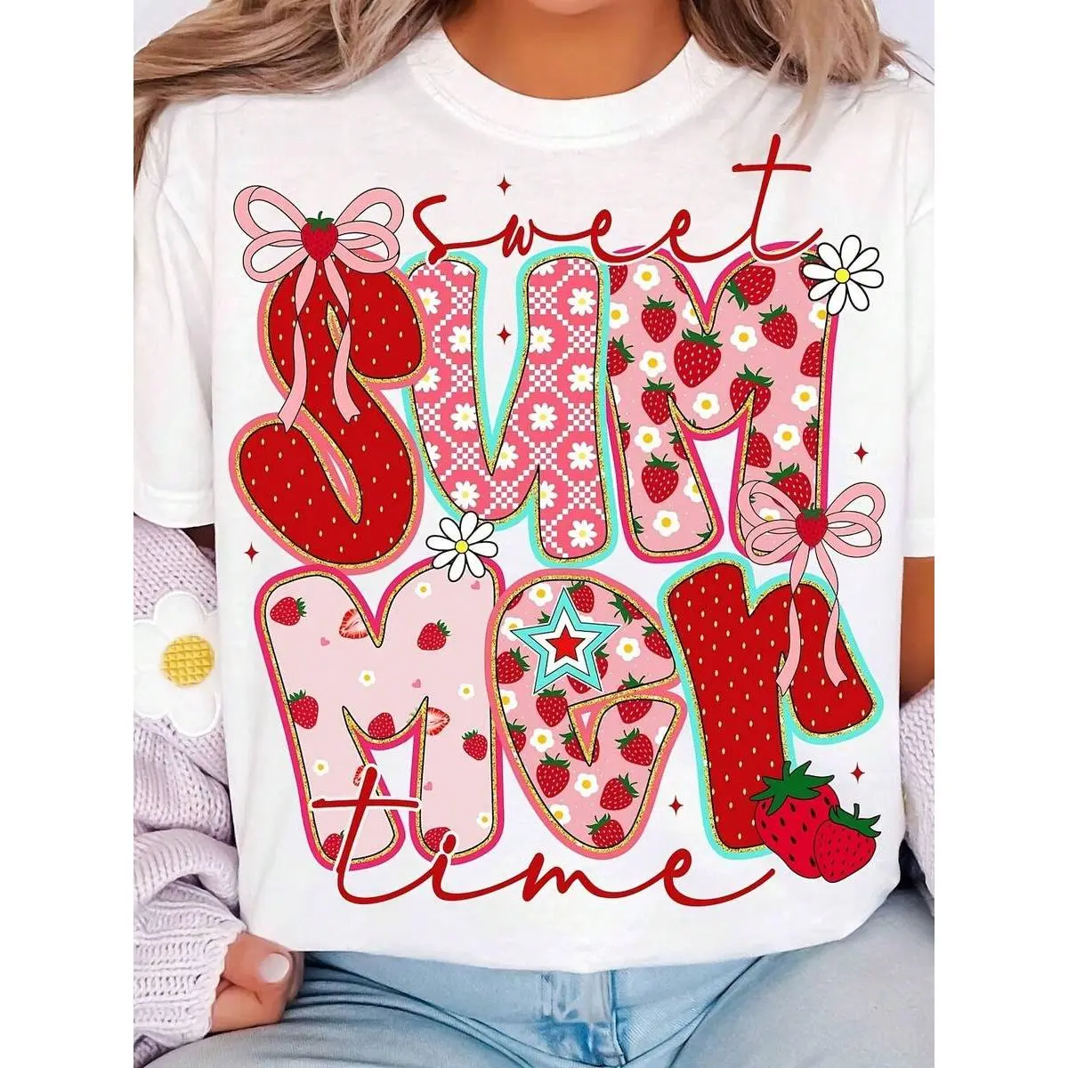 Women Sweet Summertime Strawberry Print Cotton T Shirt Round Neck Short Sleeve Regular Fit Top Casual Cute Graphic Tee Soft Comfortable Daily Wear