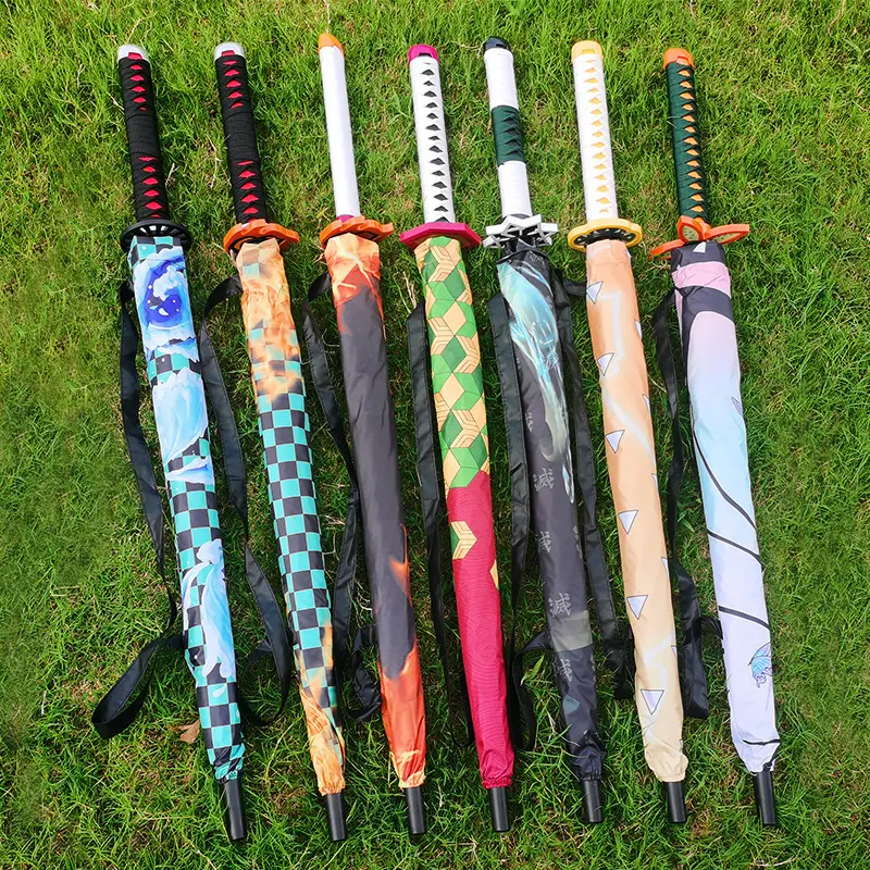 Anime Long Handle Katana Shape Umbrella Sun Rain Dual Use Cosplay Decorative Umbrella Multiple Patterns Demon Slayer everyday bag