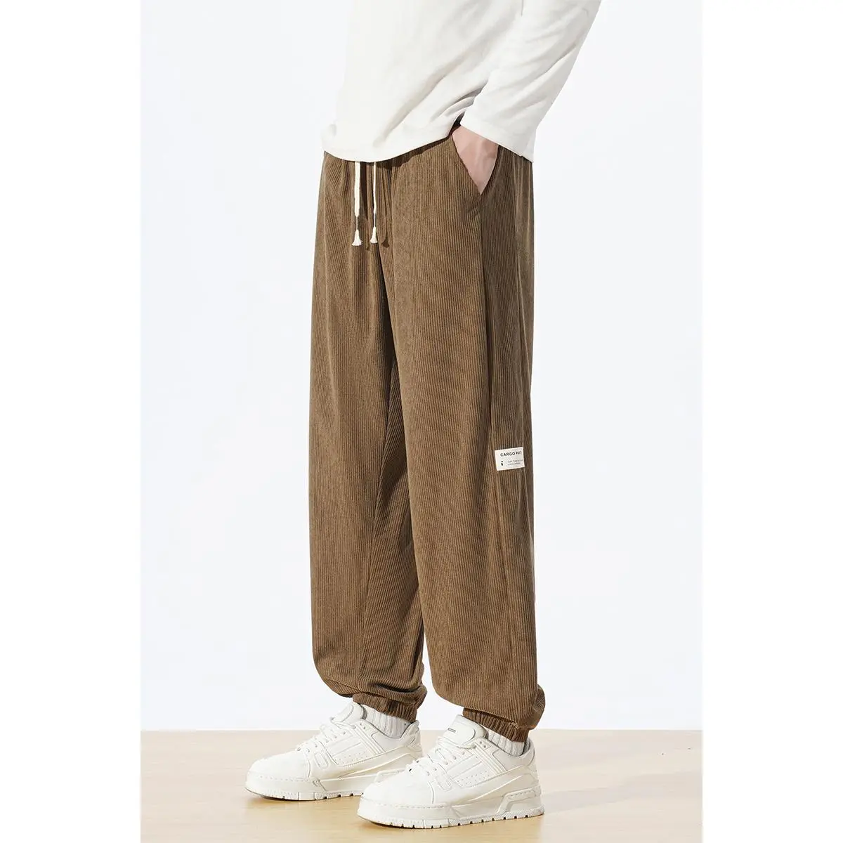 Men's Black Ribbed Cargo Jogger Pants, Loose Fit Drawstring Waist Tapered Cuffed Trousers, Casual Streetwear Daily Lounge Work Pants with Dual Side & Back Pockets for Adult Men, Soft Durable Wrinkle-Resistant Lightweight Breathable 100% Polyester
