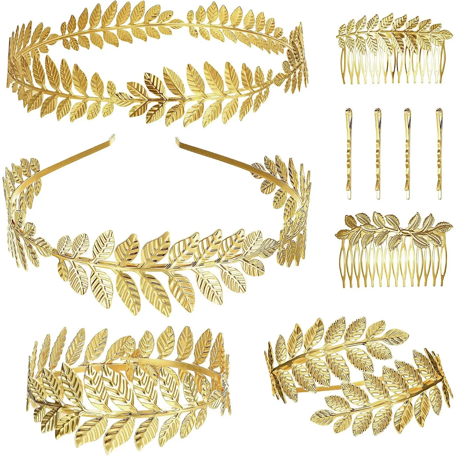 10 Pcs Gold Bridal Jewelry Set, Greek Goddess Laurel Leaf Alloy Headpiece and Arm Cuff for Wedding Ceremony, Casual, Daily, Bridal Shower, Female, Headpiece + Cuff