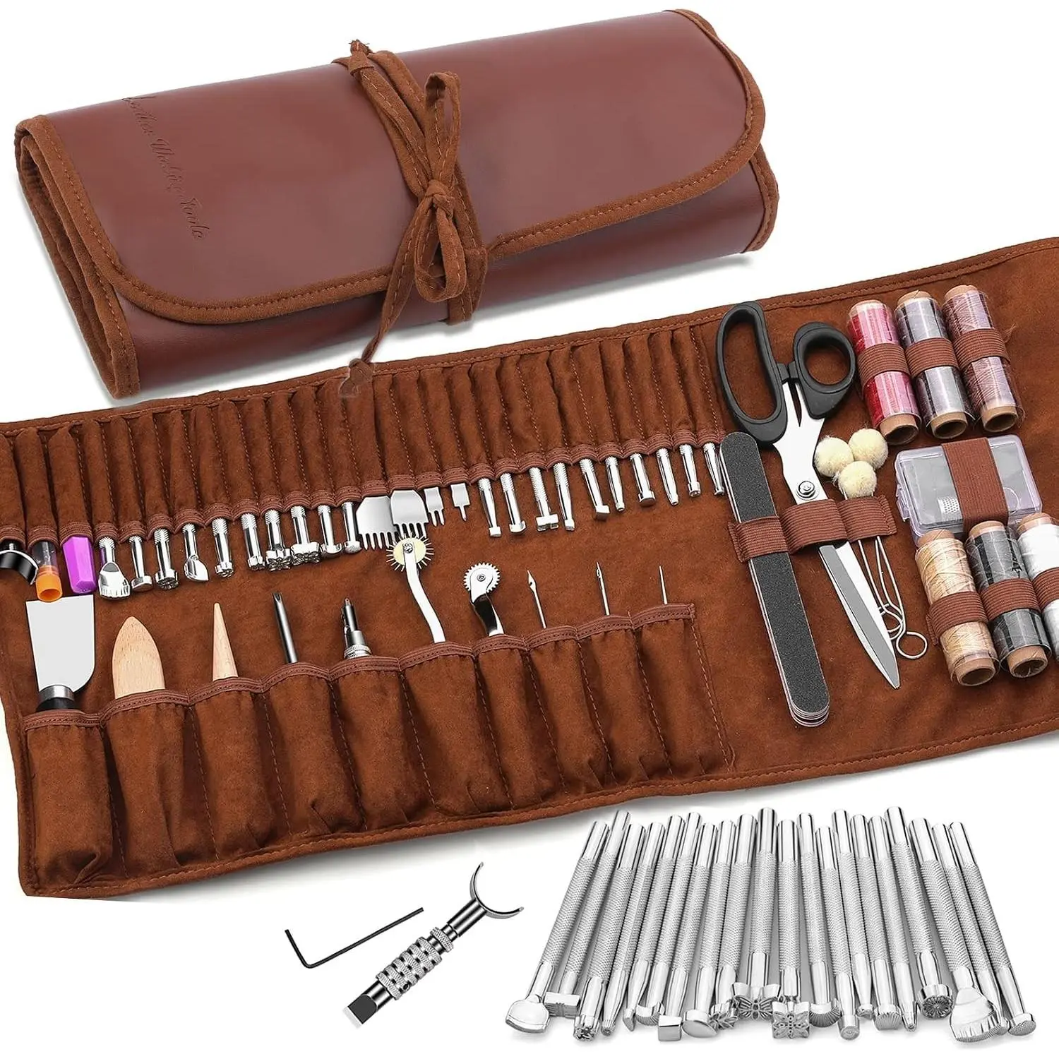 Professional Leather Working Kit with Custom Storage Bag - Leather Tools for Carving, Stamping, Sewing, Punching, Cutting - Ideal for Crafting, Repair Projects