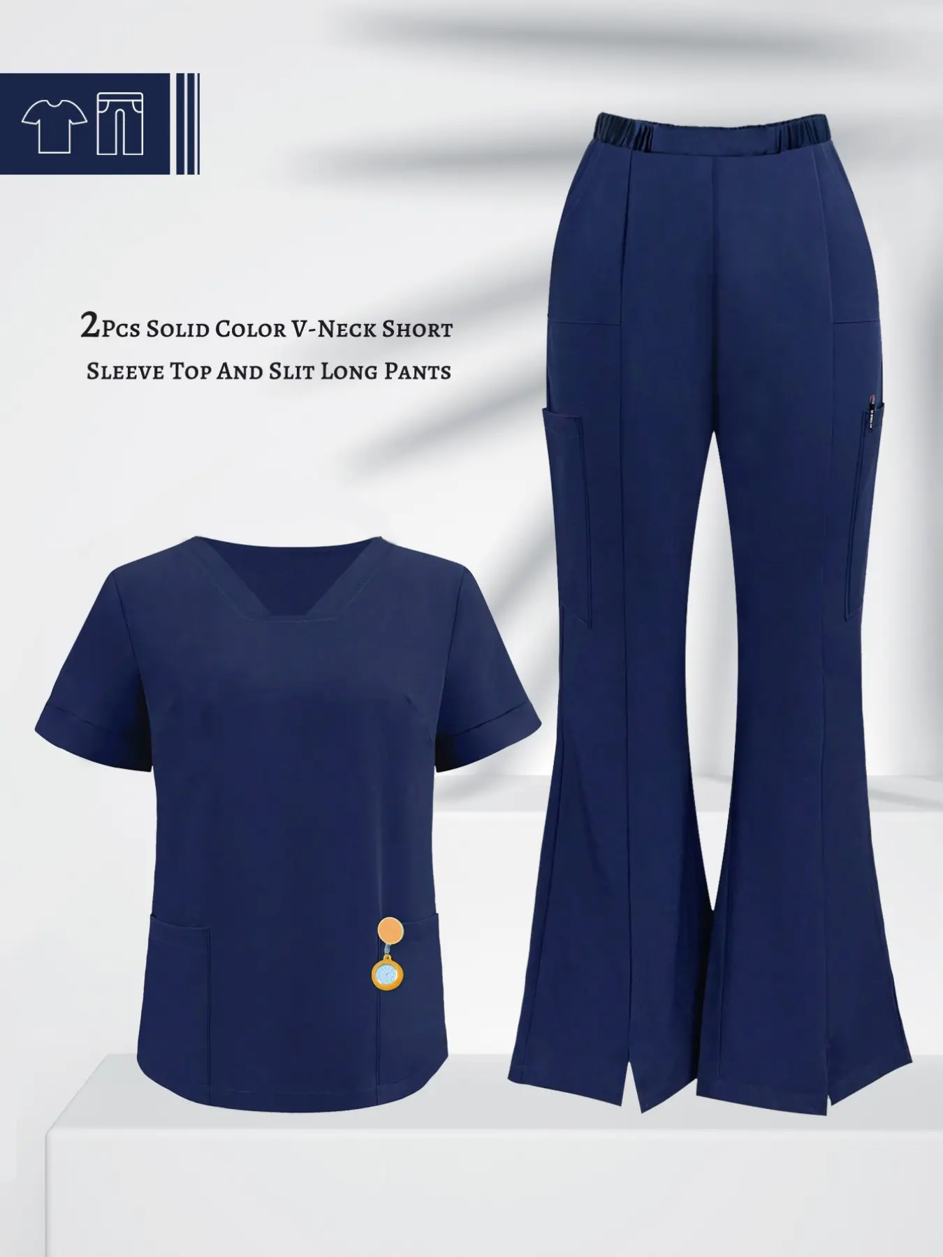 2pcs Solid Color Stretch Medical Scrub Set Uniforms, Women V Neck Short Sleeve Nurse Top, Split Flare Long Pants, Multi Pocket, Elastic Waist
