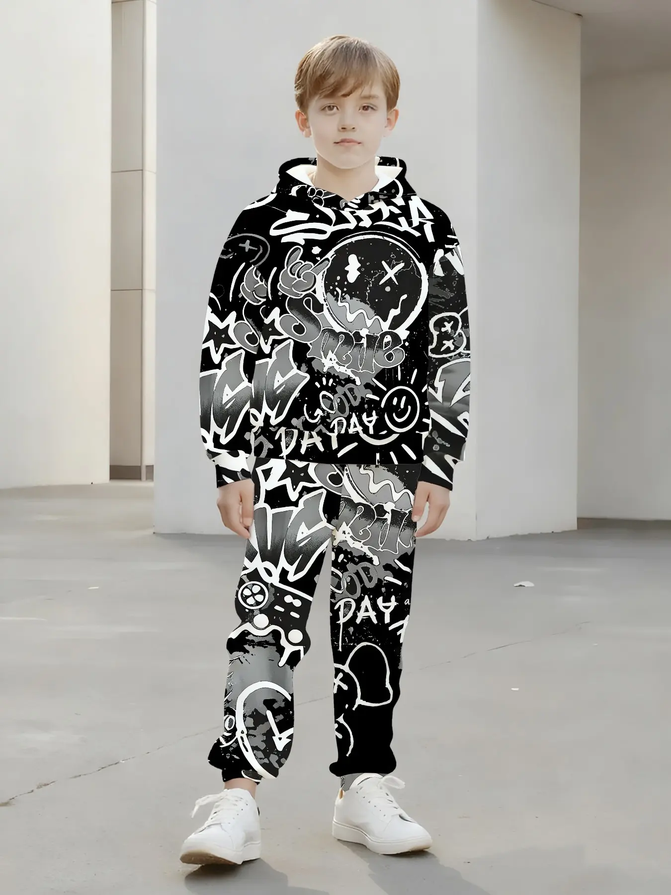Boys' Graffiti Smile Letter Full Print Hoodie and Pants Matching Set, Kids Spring Fall Casual, Boy Streetwear Graphic Clothing