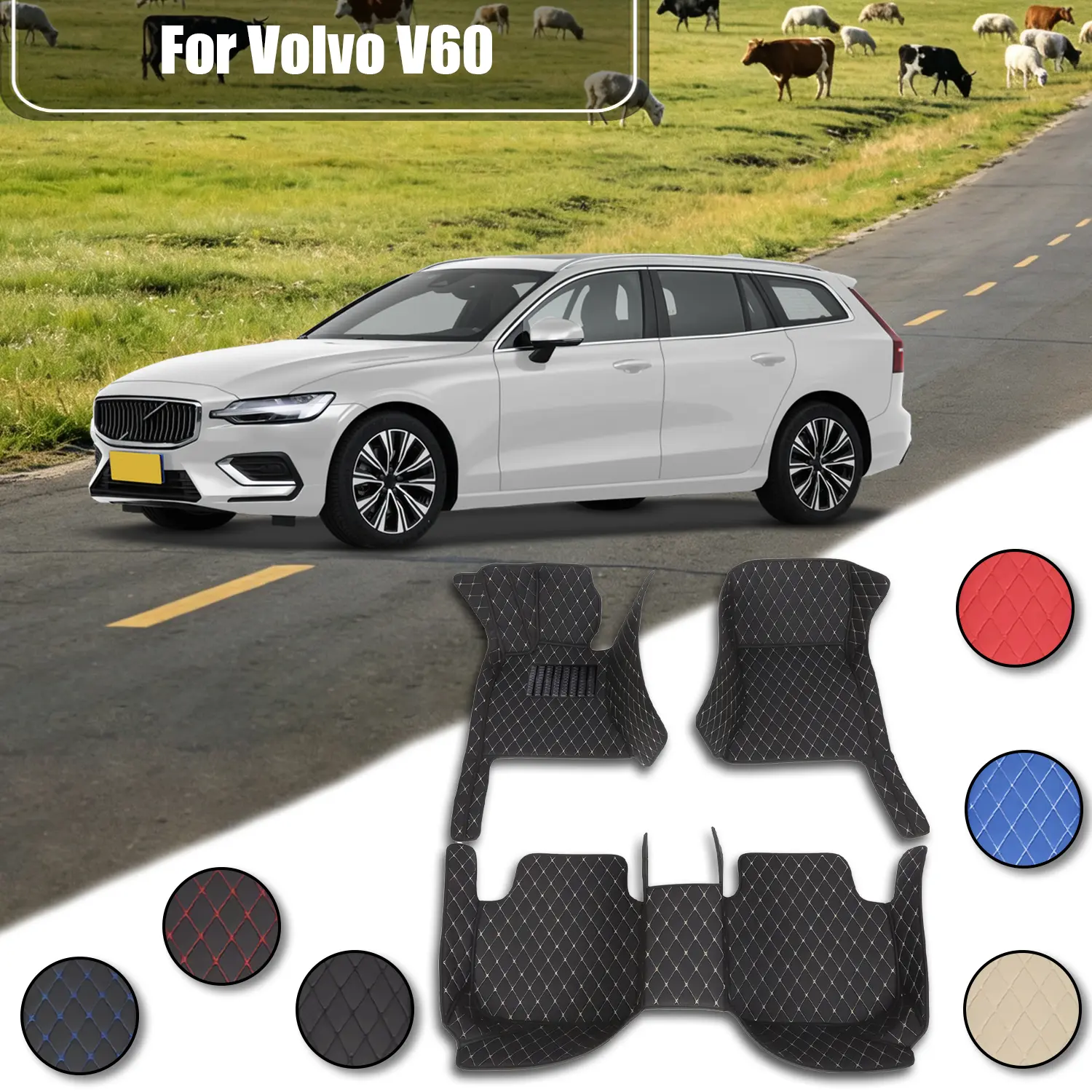For Volvo V60-2020 Left wheel drive car floor mat, made of PU leather material and equipped with 360 degree high edge protection, with a non jamming throttle design, suitable for heavy weather, detachable and easy to clean