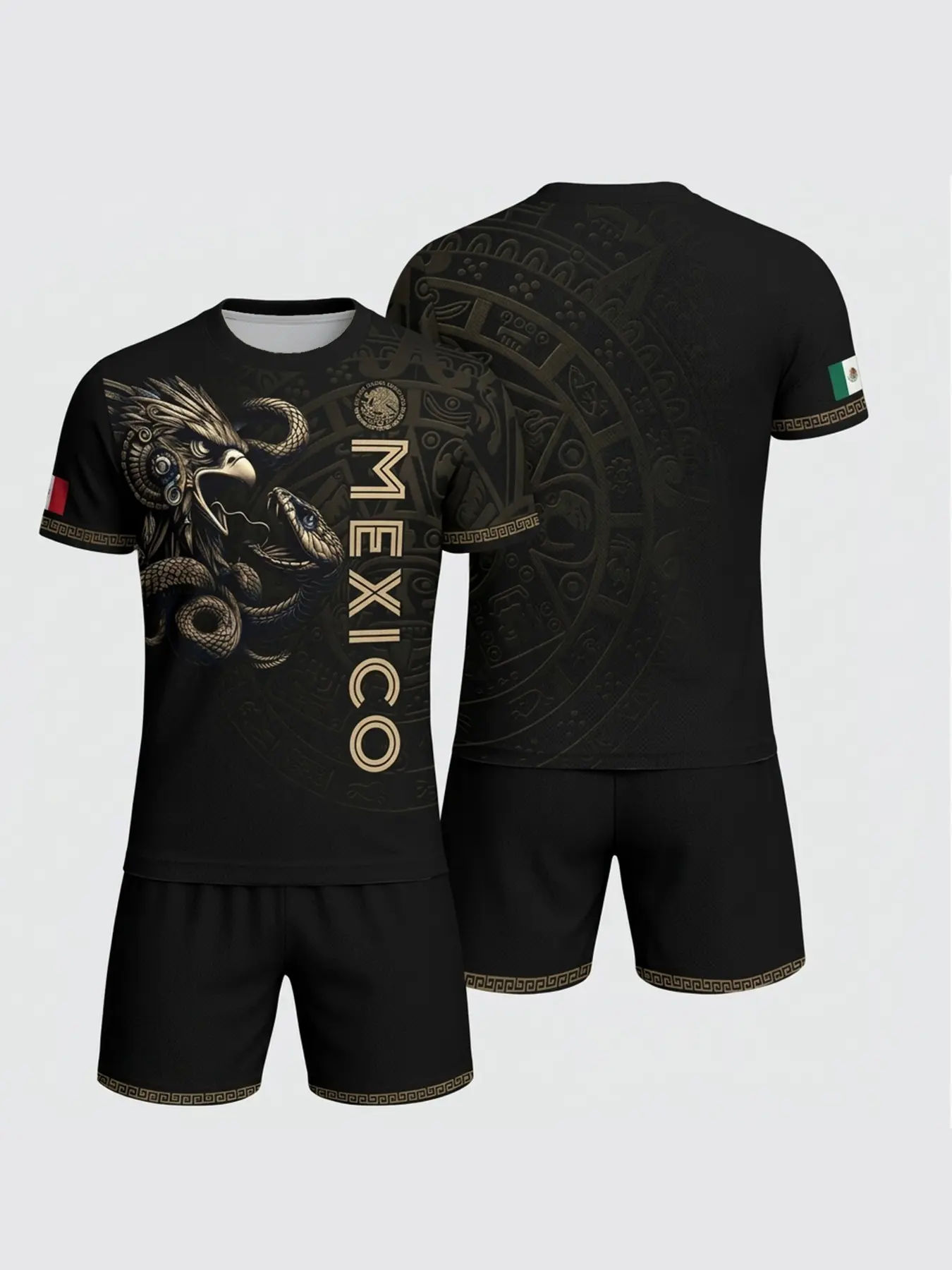 Mexico Black Golden Eagle Snake Totem Aztec Style Football Uniform Set