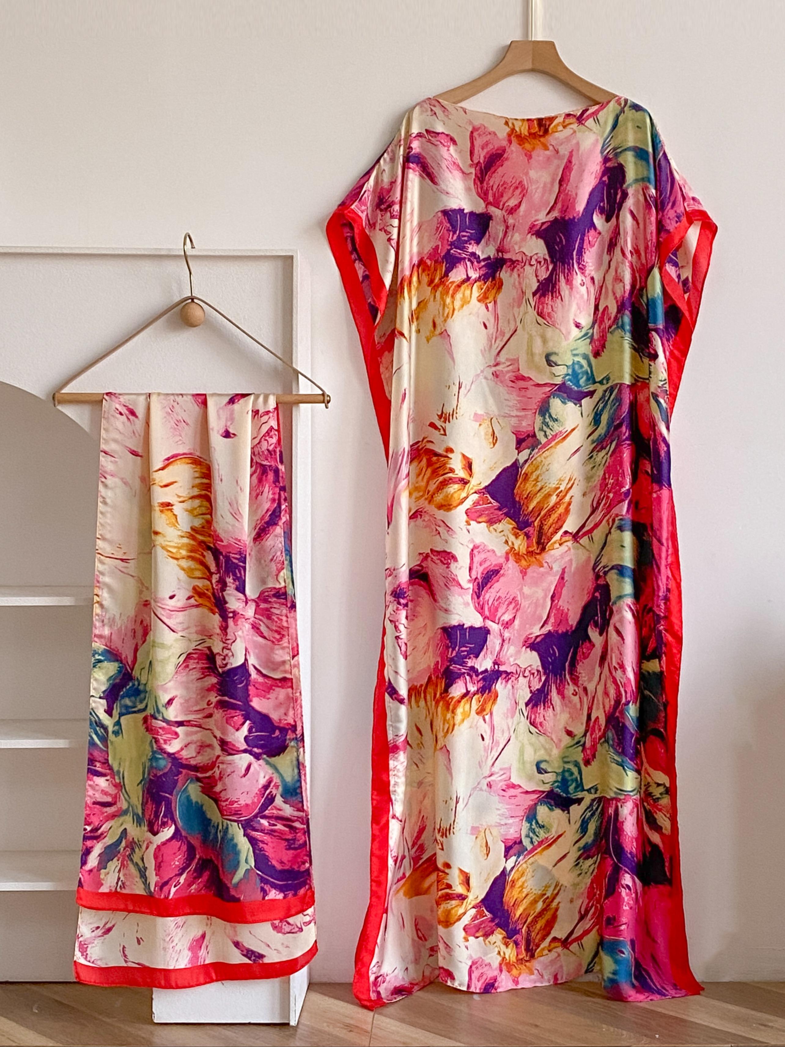 Women's Fashion Print Long Robe Set, Matching Moomoo Dress + Scarf Headband, Casual Woven Fabric, Thin All-Season Wear, Beach Sun Protection