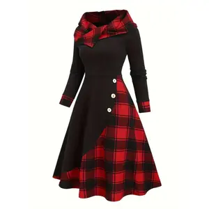 Women's Casual Long Sleeve Hooded Dress, Checkered Color Block A-Line Autumn Winter Wear, 95% Polyester 5% Spandex 200g/m² Soft Fabric