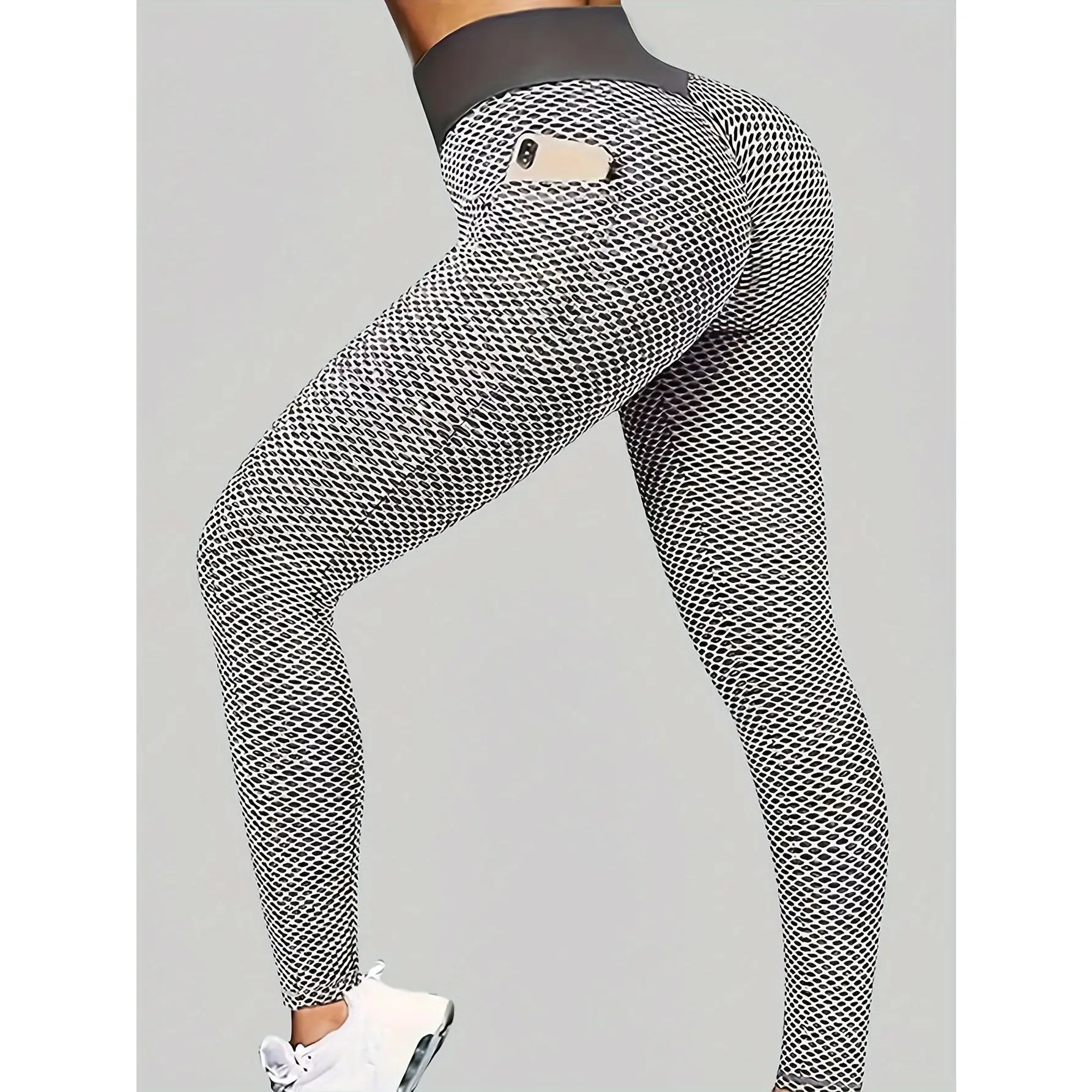 Women's High Waist Jacquard Bubble Leggings with Phone Pockets, Full Length Stretch Activewear for Yoga, Pilates & Running, Everyday Active