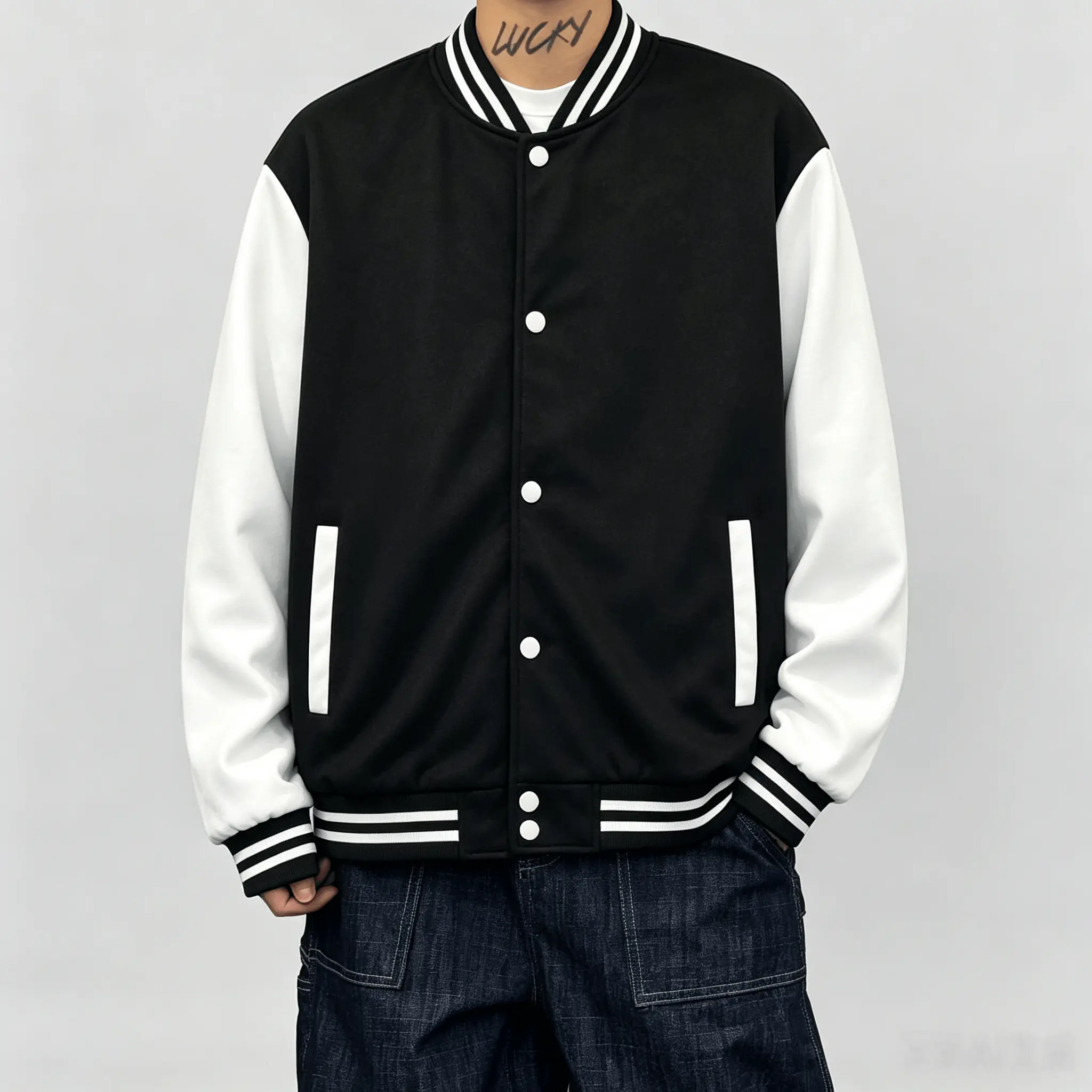 Men’s Classic Black-White Stripe Color Block Woven Varsity Baseball Jacket - Menswear Fashion Apparel, Ribbed Collar, Snap Buttons, Elastic Hem, Loose Fit, Daily Wear Tops for Young Men, Double Stripes Detailing, Premium Soft Outer, Clothes