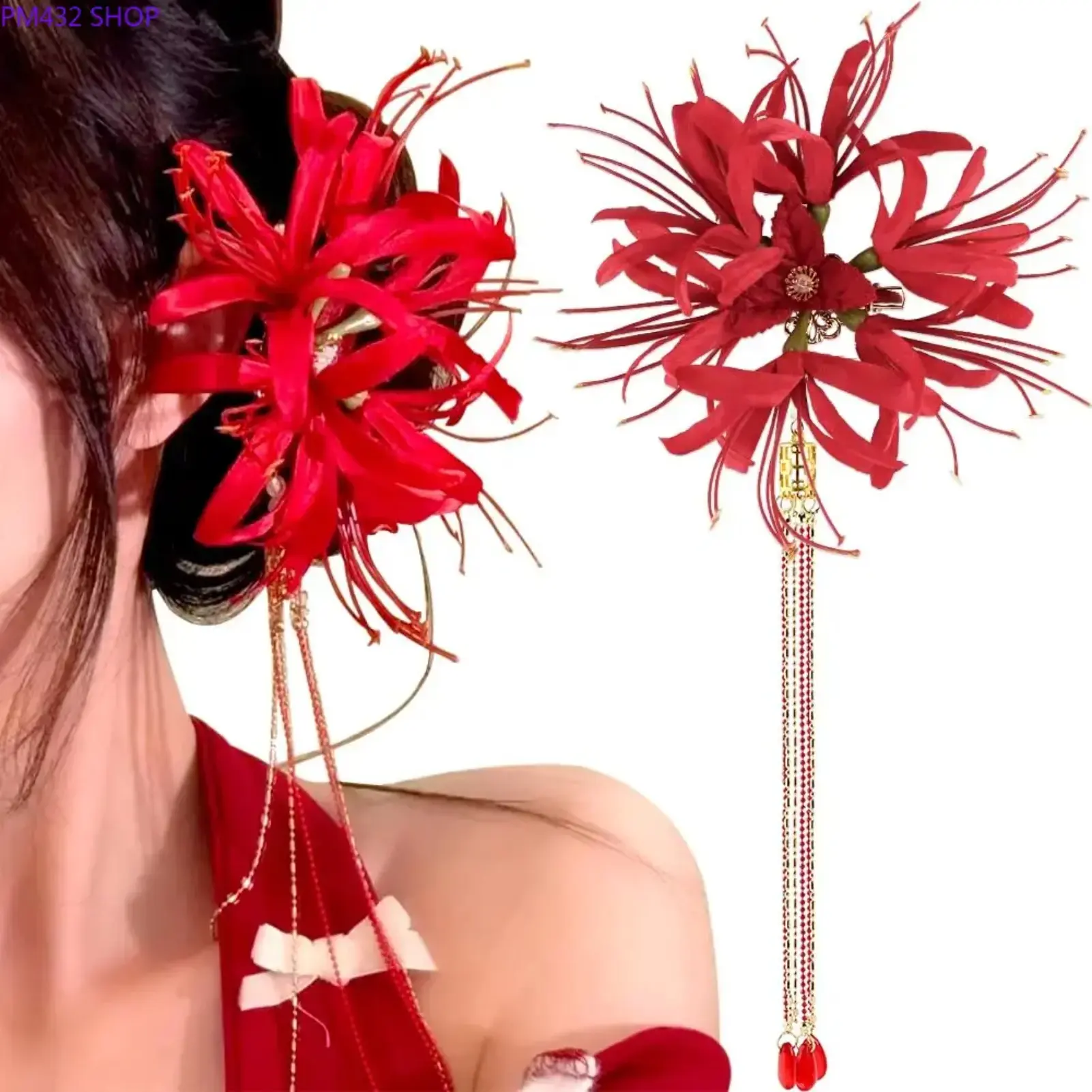 Gothic Red Spider Lily (Lycoris Radiata) Tassel Hair Clips – Duckbill Barrettes, Unique Dark Aesthetic Hair Accessories for Women, Decorative Hairpins for Weddings, Parties & Alternative Fashion Styling