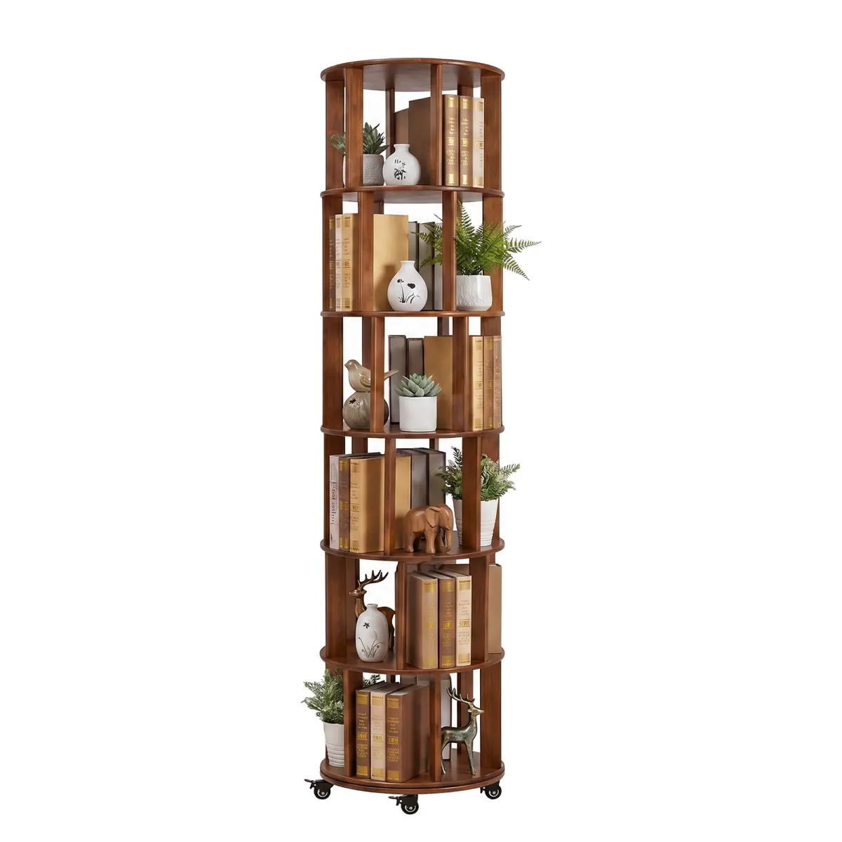 6 Tier Rotating Bookshelf, Solid Wood Rotating Bookshelf Tower with Wheels, 360° Display Round Spinning Bookshelf for Small Spaces, Corner, Bedroom, Living Room, Home, Office, Walnut,Modular Design Space Saving Rotating Bookshelf