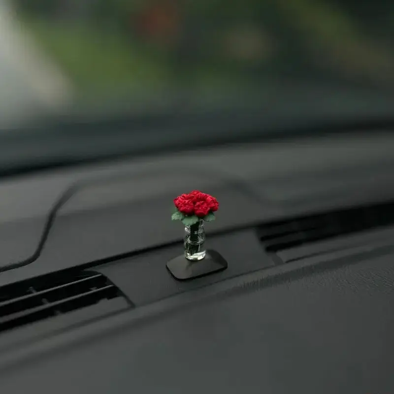 Cute Mini Red Rose Glass Vase Car Dashboard Ornament, Light Luxury Tiny Artificial Floral Auto Interior Decor, Self-Adhesive Mini Figurine, Aesthetic Vehicle Accessory for Women, Sweet Daily Driving & Holiday Gift Idea