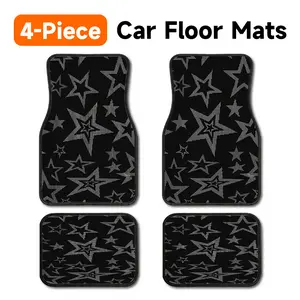 4-Piece Universal Fit Car Floor Mats, Crystal Velvet Anti-Slip All Weather Auto Carpet Liners, Black Bling Rhinestone Silver Star Print Pattern Automotive Floor Mats for Most Sedan SUV Truck Pickup Vehicles Interior Accessories