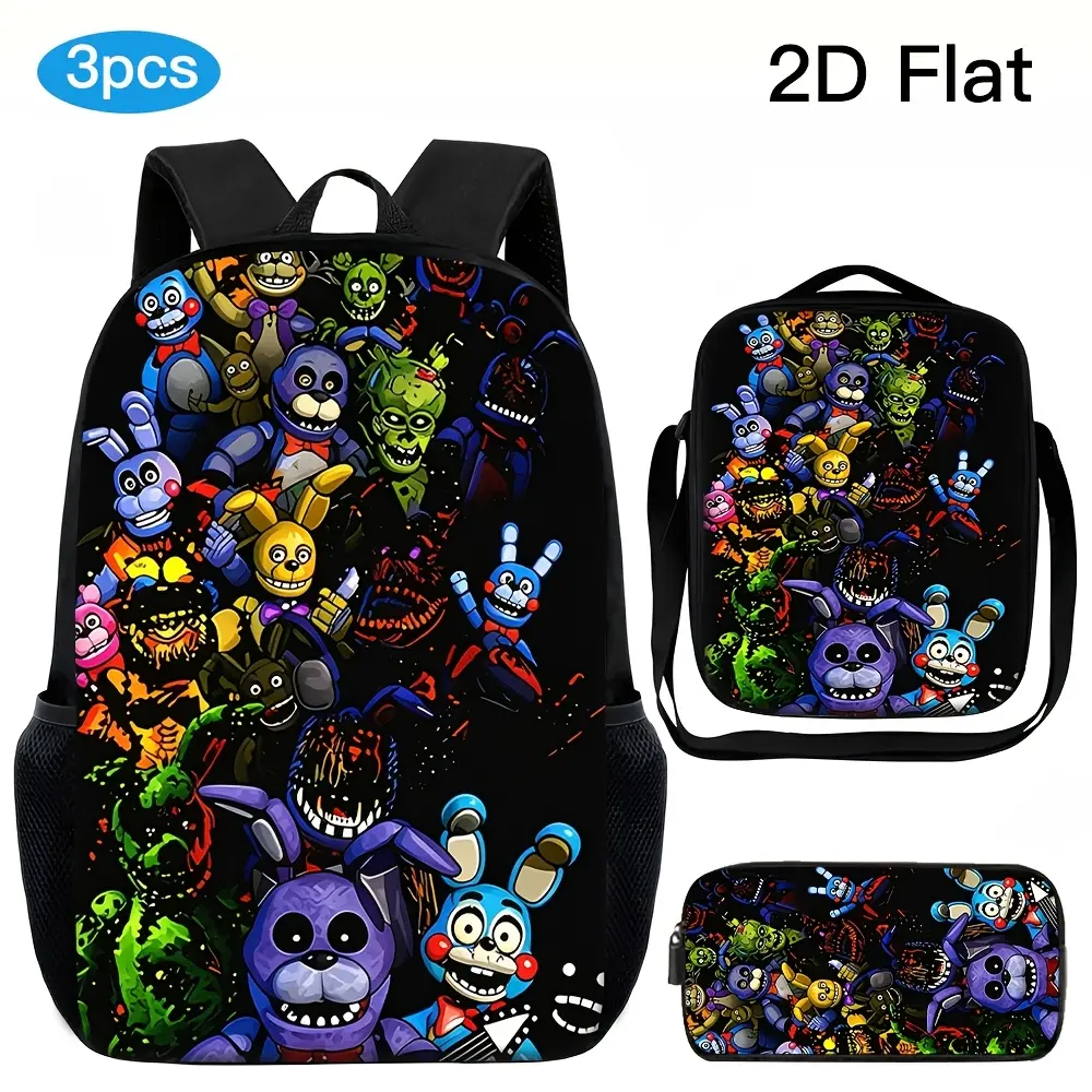 Unisex 5 Nights at Freddy’s Full Cast 3-Piece Kids Backpack Set - 600D Oxford Fabric School Backpack, Waterproof Zipper Lunch Bag, Breathable Strap Pencil Case, Horror Animatronic Graffiti Art for School Use