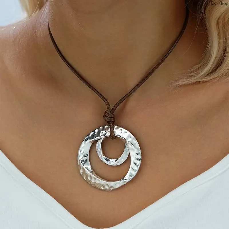 Vintage Silver Pendant Leather Cord Necklace Women Boho Statement Jewelry