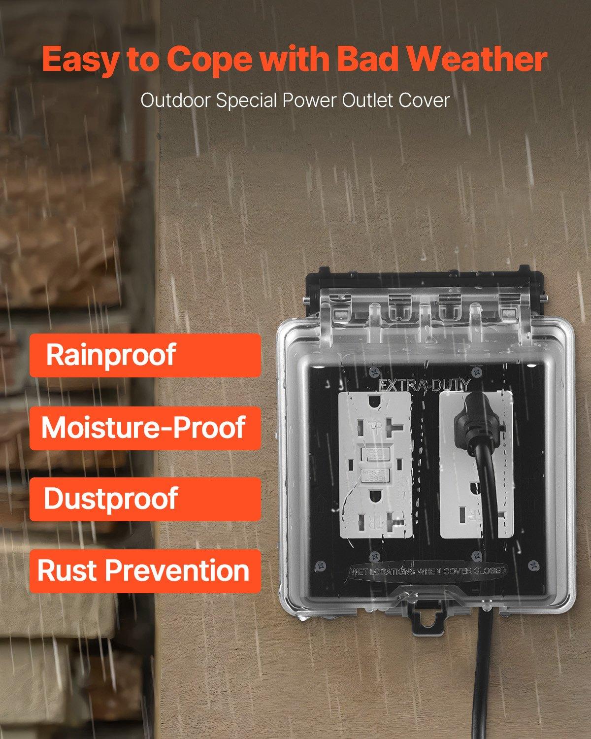 VEVOR Outdoor Outlet Cover, 2-Gang Weatherproof Electrical Outlet Cover with Lockable Design, High-Strength PC Material, 12-in-1 Outside Receptacle Socket, Horizontal/Vertical for Easy Installation