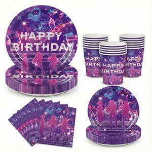 60PCS Kpop Music Theme Birthday Party Tableware Set, Disposable Paper Plates Cups Napkins, Purple Pink Concert Singer Stage Festival Party Supplies for Disco Pop Decorations