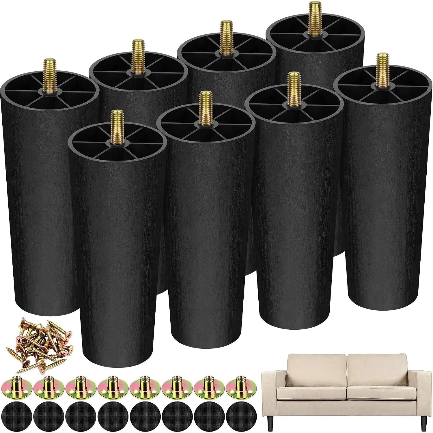 TURSTIN 8 Pack 6 Inch Tapered Plastic Furniture Legs with M8 T-Nuts Screws, Replacement Legs for Sofa Couch Chair Coffee Table Dresser Bed DIY Projects