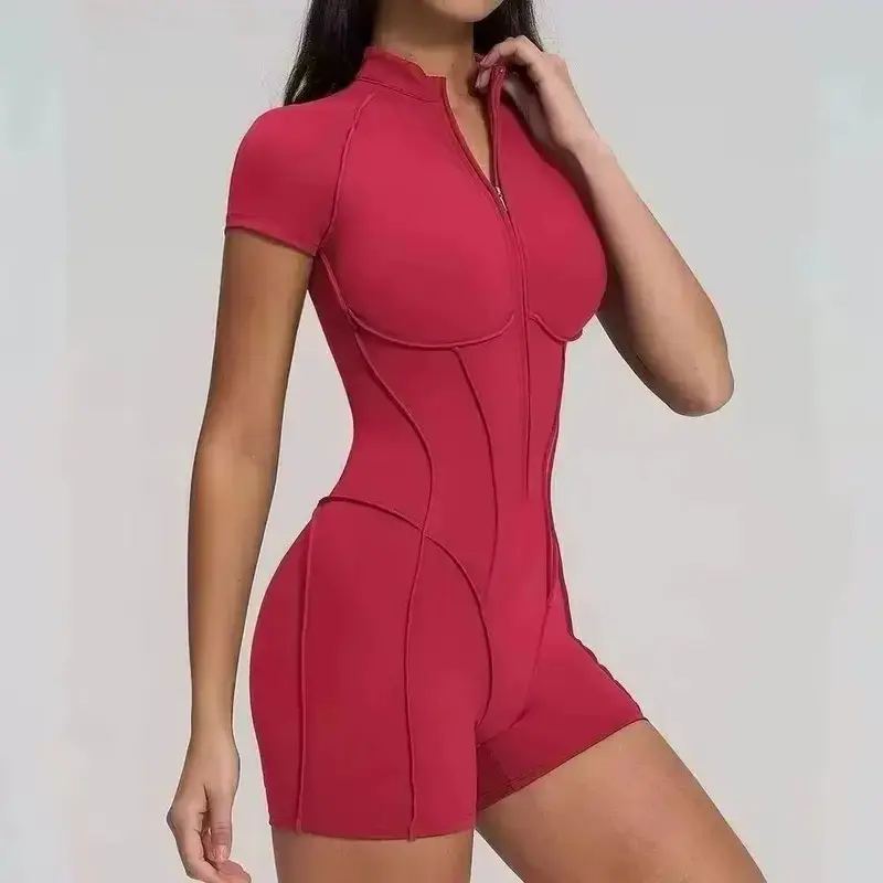 2026 Yoga Bodysuit Short Sleeves Women Tracksuits Gym Zipper Jumpsuits Workout Rompers Fitness One-piece Suit Activewear,Padded,Tummy,Control