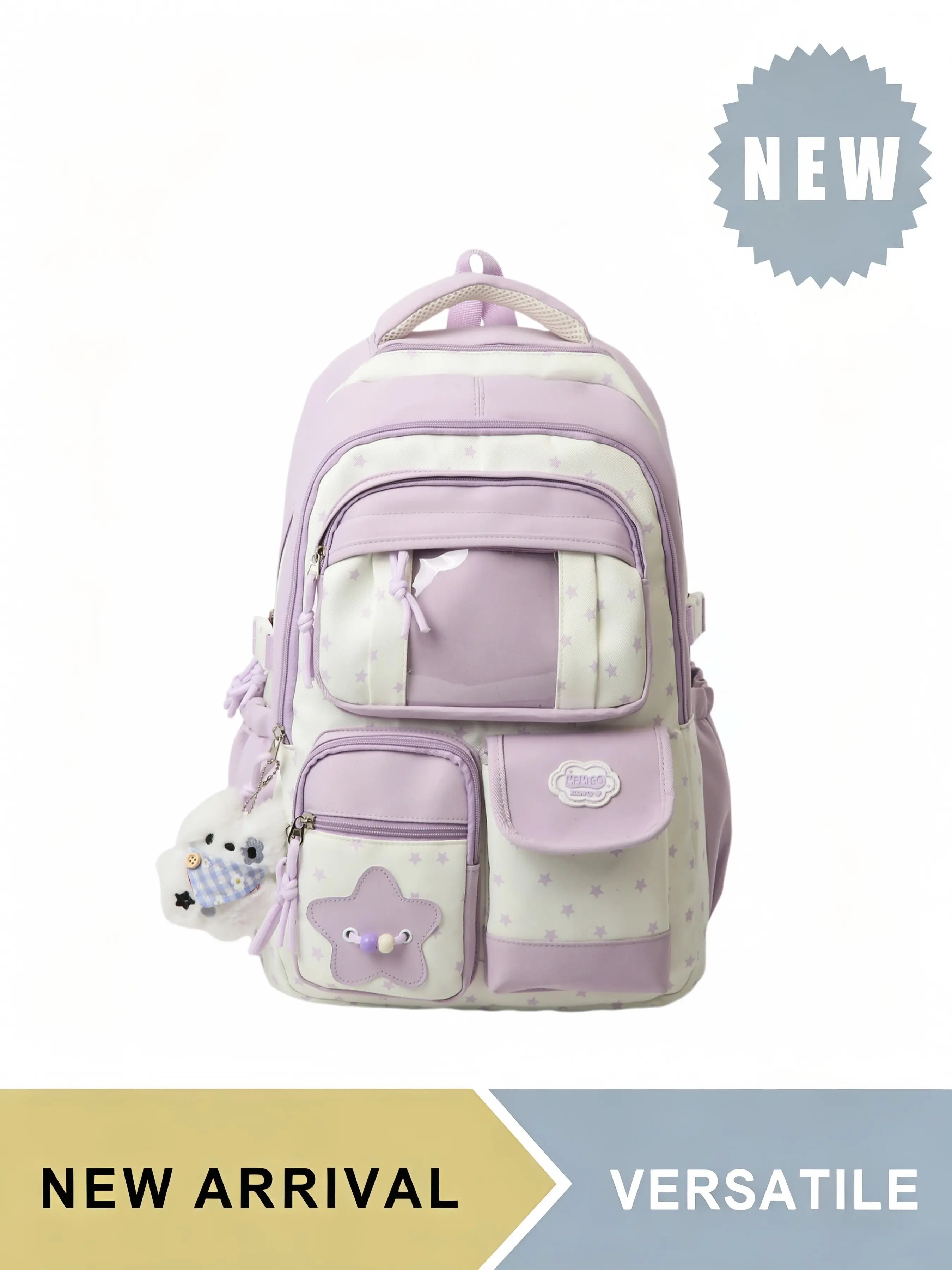 Two-Tone, Versatile Backpack with Plush Pendant for Teen Girls, Large Capacity Multi-Pocket School Daypack with Luggage Strap, Lightweight Bag for Hiking Trekking Travel Picnic Daily Use, Adjustable Padded Shoulder Straps, Multiple Colors Available