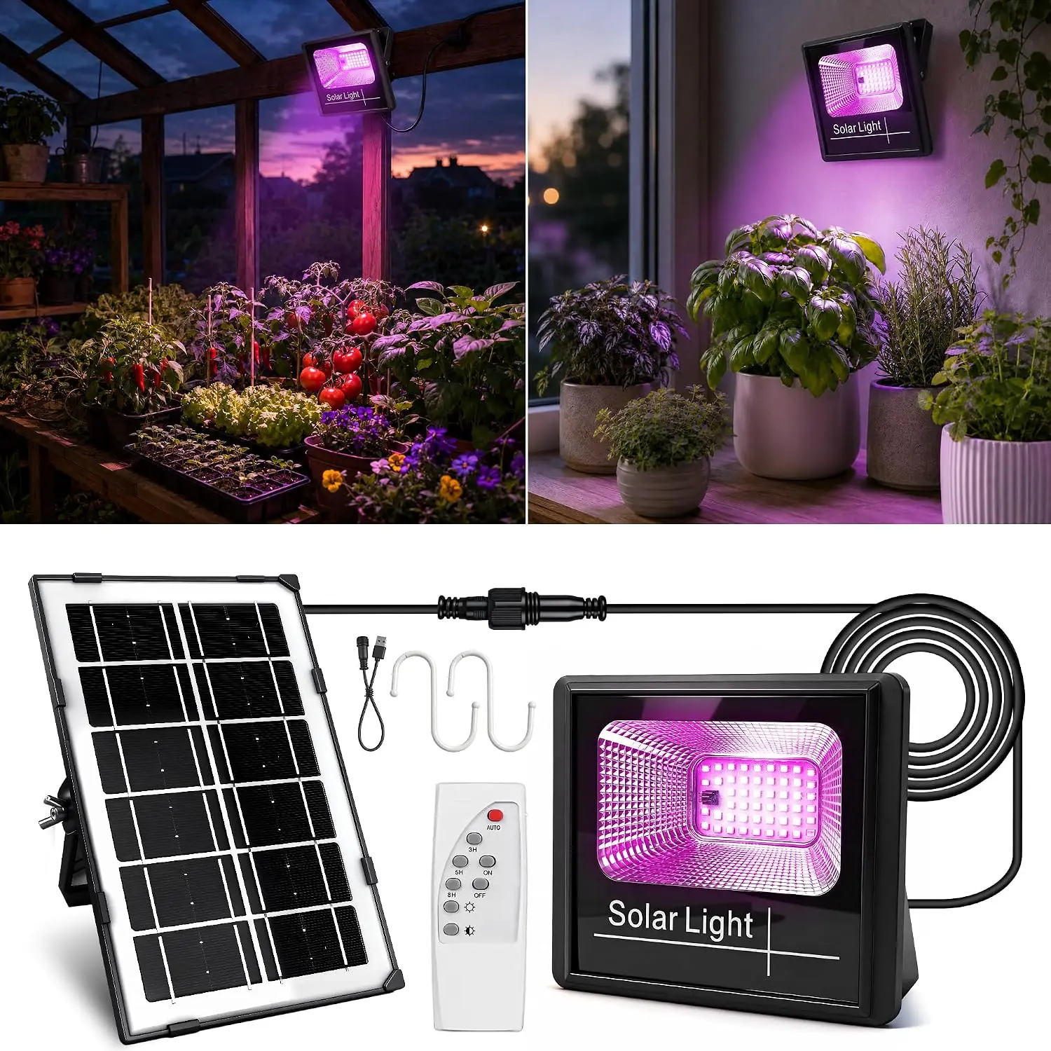 Rechargeable Grow Lights for Indoor Outdoor , Solar Grow Lights | Greenhouse Solar  Full  LED with USB , Remote Timer,  for Balcony, Garage, Windowsill