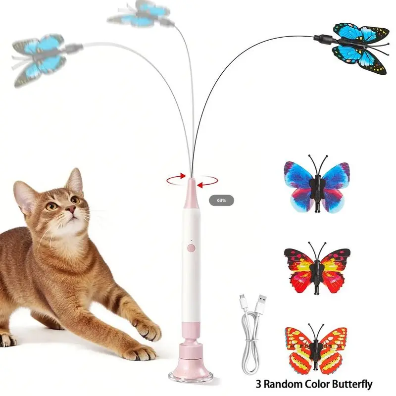 Interactive Butterfly Cat Toy Wand - Rechargeable Electric Touch-Activated Teaser with Suction Cup, Spinning & Shaking Action, Self-Play & Handheld Modes for Kittens and Cats
