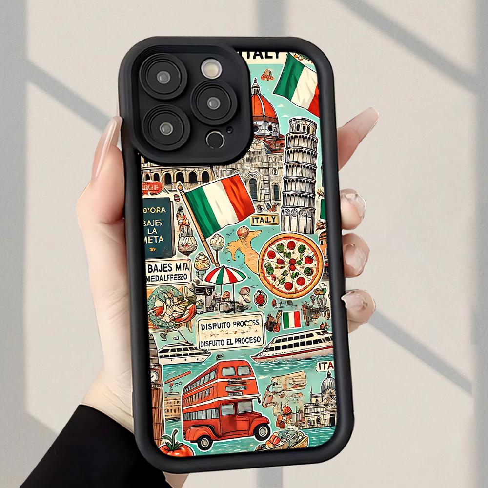 Italian - themed Travel Elements Pattern Phone Case Fashionable Popular Shock - Proof Anti - Fingerprint Full Coverage Thick Protective Soft Case Compatible with iPhone 17 E Air Pro ProMax iPhone16 15 14 Plus 13 12 Mini 11 X XS XR