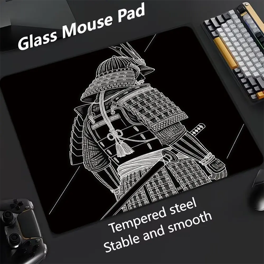 Japanese Samurai Glass Mouse Pad, Ultra Smooth Tempered Glass, Large Size Gaming Mouse Pad, Ideal for Esports and Office Use