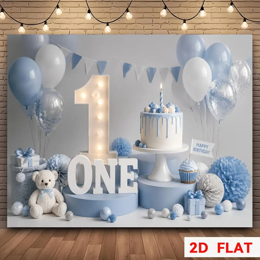 Glam 2D Flat Banner Blue & White 1st Birthday Theme Polyester Portrait Backdrop, HD Digitally Printed Soft Lightweight Foldable Cloth for Birthday Photos, Portrait Shooting