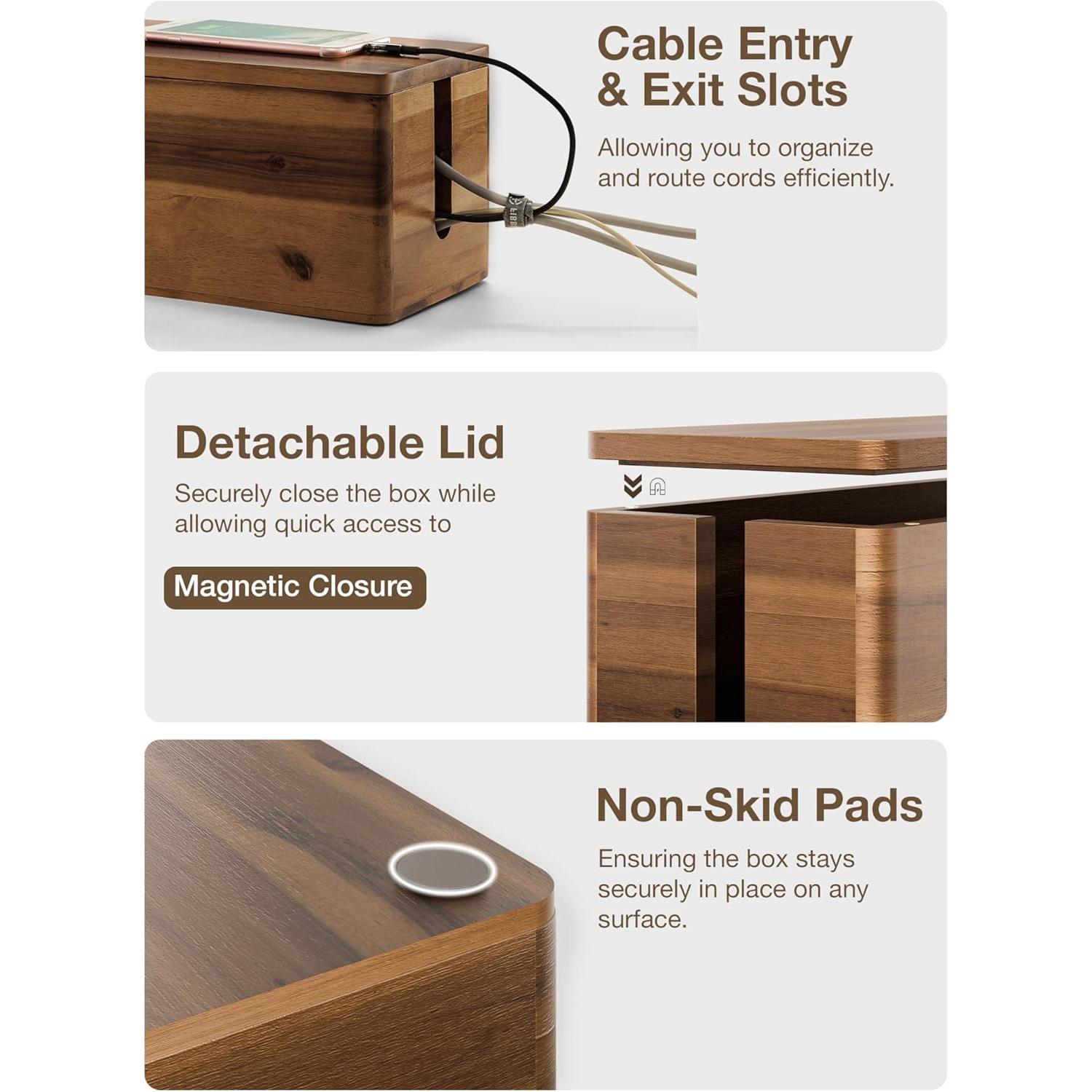 Acacia  Large  Management Box Round Edge - 16" L Wooden Power Strip Box, Surge Protector Box -  Hider Box for Office, Living Room - 2 Open Slots,  Lid (Walnut Color)