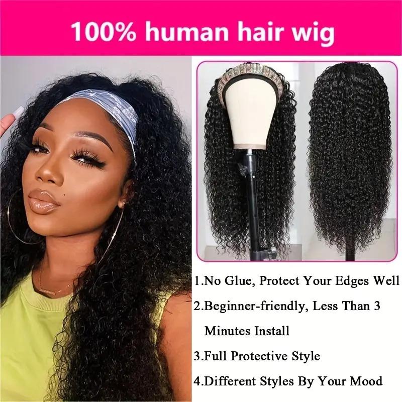 Bling Hair Headband Wig Kinky Curly Human Hair Wigs Brazilian Remy HUman Hair Wigs Curly 12-24 Inch Non Lace For Women 180% Density TikTokShopBlackFriday