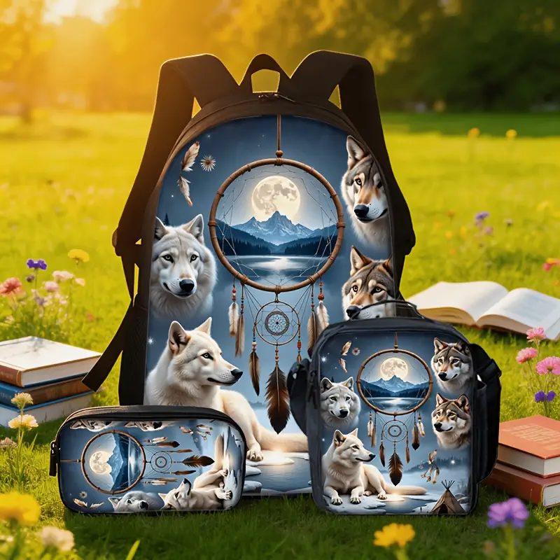 Women's Wolf Dreamcatcher Graphic School Backpack - Padded Straps, Side Mesh Pockets, Wildlife Art Design for School-Travel Camping, School Backpacks