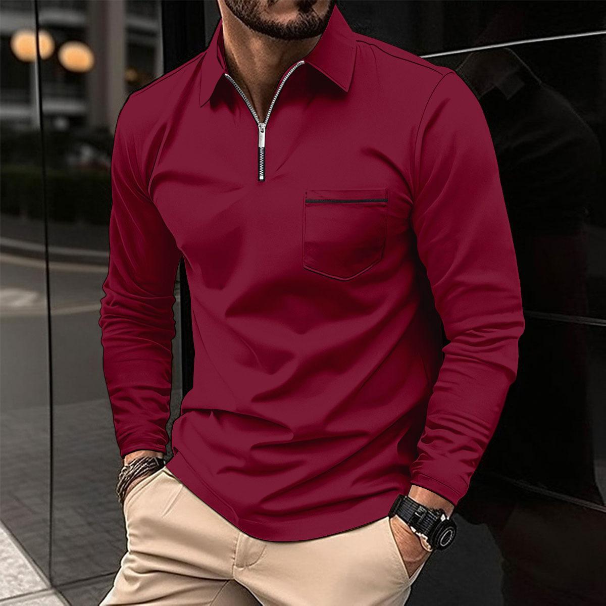 This men's solid color polo shirt with a zip-up collar and made of polyester-cotton blend is an ideal choice for casual wear in spring and summer.