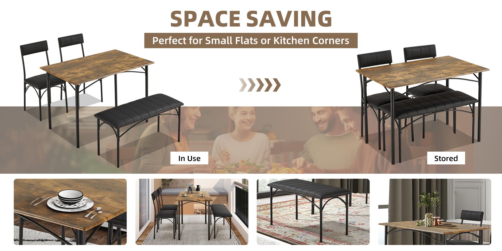 Dining Table Set for 4, Kitchen Table with Upholstered Bench and 2 Chairs, 4-Piece Kitchen Table for Small Space, Dining Room, Home, Kitchen, Retro Brown