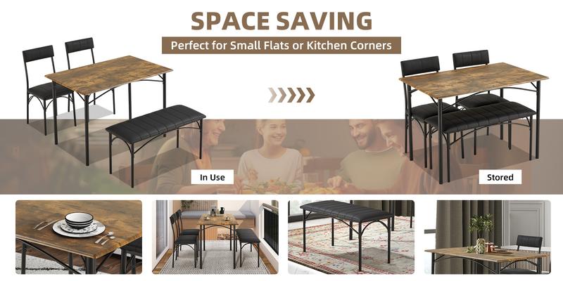 Dining Table Set for 4, Kitchen Table with Upholstered Bench and 2 Chairs, 4-Piece Kitchen Table for Small Space, Dining Room, Home, Kitchen, Retro Brown