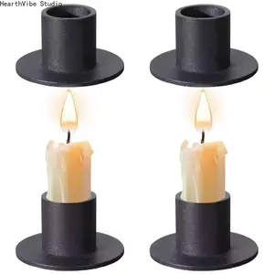 European Wrought Iron Taper Candle Holder Matte Black Chamberstick Round Base Vintage Candlestick with Loop Handle for Wedding Dining Table Decor