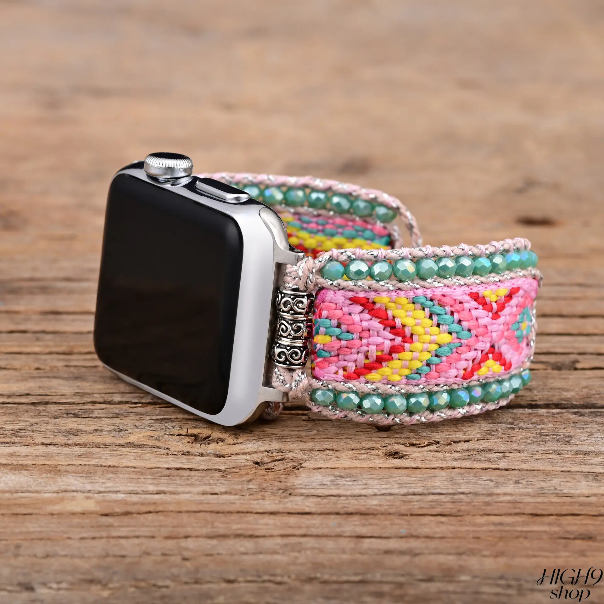 Brand new handmade woven watch strap made of soft pink textile nylon fabric, adorned with delicate crystal ornaments for stylish looks, universally compatible with all Apple Watch models. Lightweight breathable textile material brings comfortable all-day
