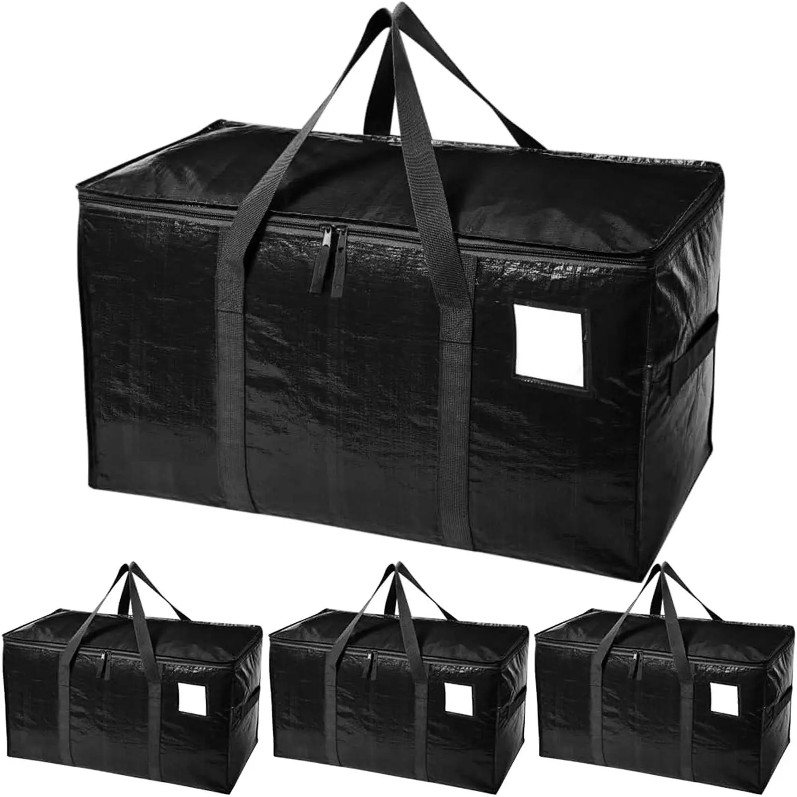 4 Pack Extra-Large Heavy-Duty Moving Bags - Waterproof Storage Totes with Handles, Zippers, Foldable for Storage Organization, College Dorm Use (Black)
